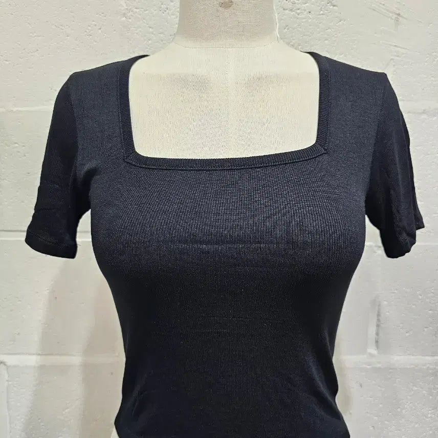 [BUNJANG] Square Neck Crop Ribbed Cotton T-shirt - Black / 스퀘어넥 크롭 골지면 반팔- 블랙