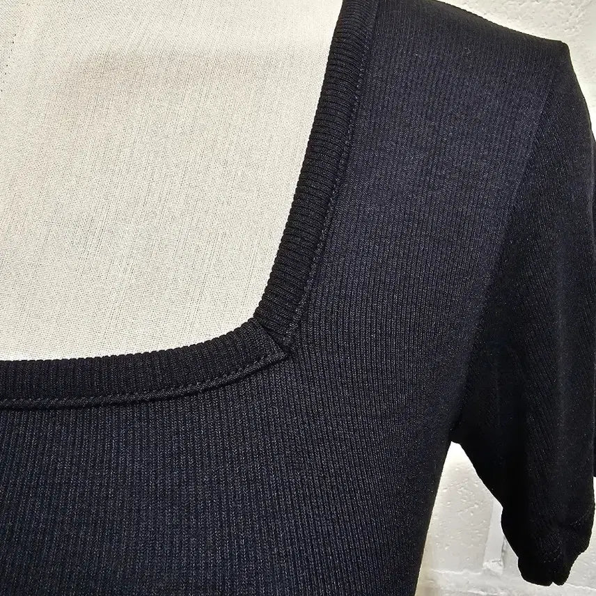 [BUNJANG] Square Neck Crop Ribbed Cotton T-shirt - Black / 스퀘어넥 크롭 골지면 반팔- 블랙