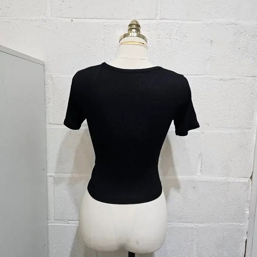 [BUNJANG] Square Neck Crop Ribbed Cotton T-shirt - Black / 스퀘어넥 크롭 골지면 반팔- 블랙