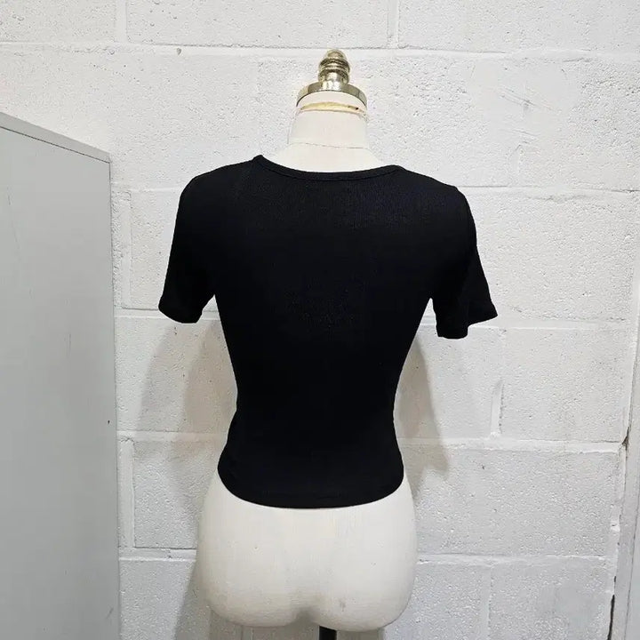 [BUNJANG] Square Neck Crop Ribbed Cotton T-shirt - Black / 스퀘어넥 크롭 골지면 반팔- 블랙