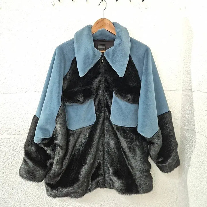 [BUNJANG] Italian Blue Color-Block Eco Mink Fur Jacket / 블루 배색 에코밍크 퍼 자켓(이태리제)