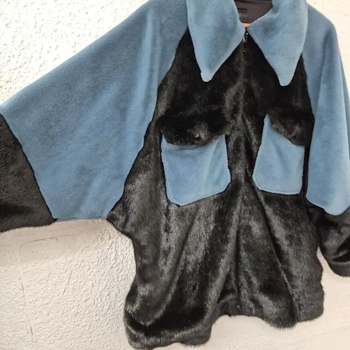 [BUNJANG] Italian Blue Color-Block Eco Mink Fur Jacket / 블루 배색 에코밍크 퍼 자켓(이태리제)