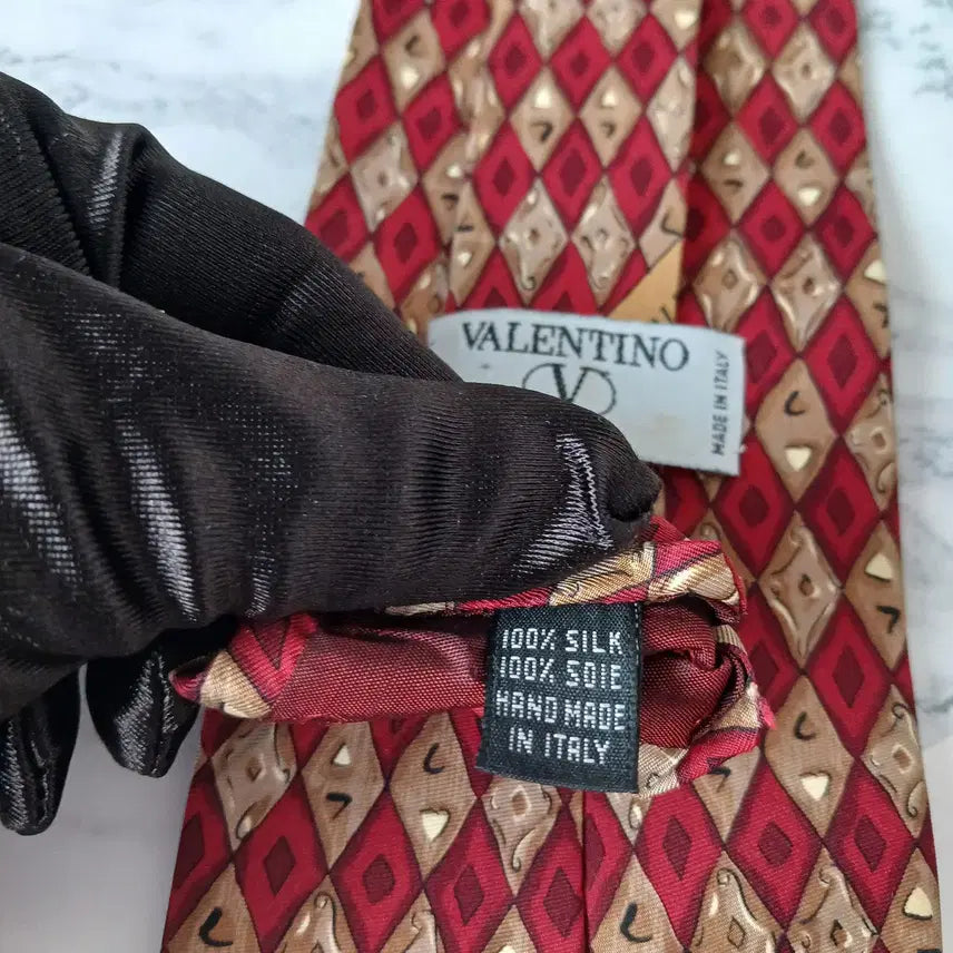 [BUNJANG] Valentino Geometric Pattern Silk Tie / 발렌티노 실크 레드 기하학 패턴 넥타이 9.5cm A+등급 E877