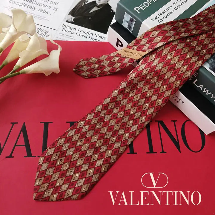 [BUNJANG] Valentino Geometric Pattern Silk Tie / 발렌티노 실크 레드 기하학 패턴 넥타이 9.5cm A+등급 E877