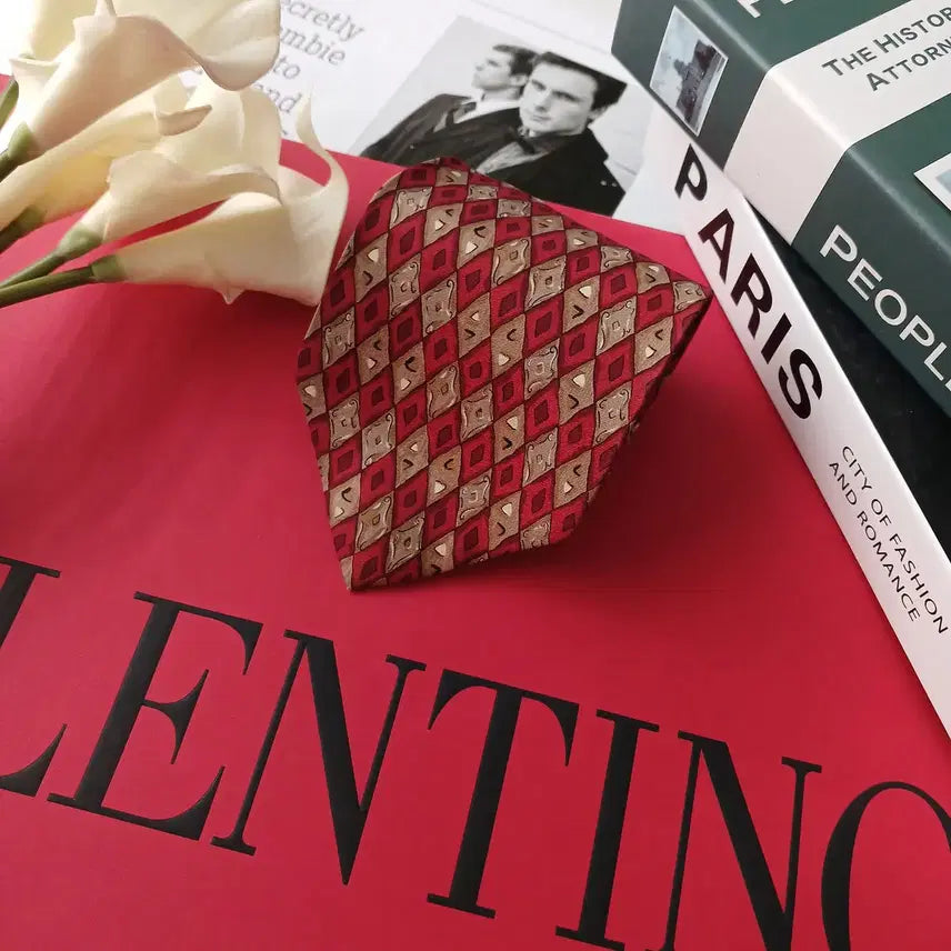 [BUNJANG] Valentino Geometric Pattern Silk Tie / 발렌티노 실크 레드 기하학 패턴 넥타이 9.5cm A+등급 E877