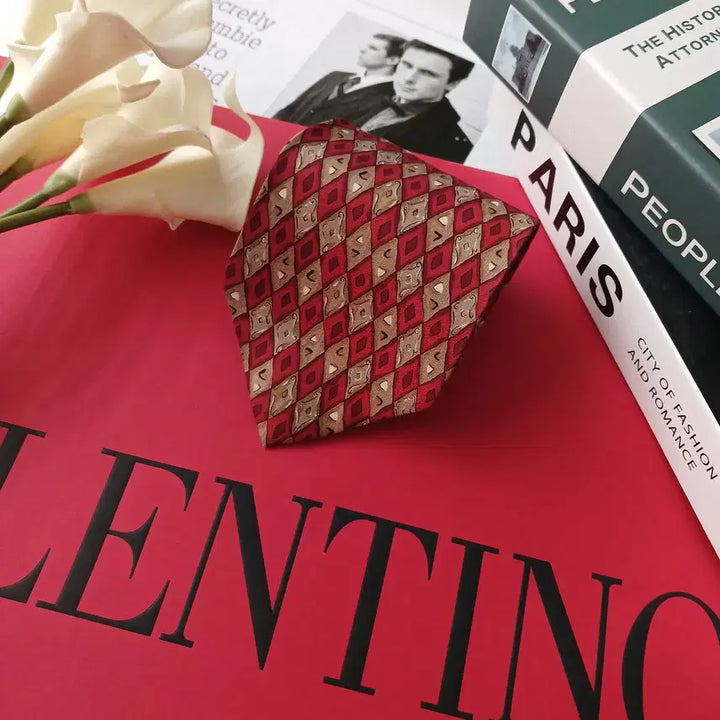 [BUNJANG] Valentino Geometric Pattern Silk Tie / 발렌티노 실크 레드 기하학 패턴 넥타이 9.5cm A+등급 E877