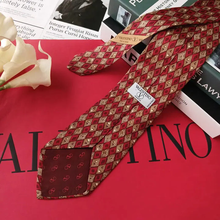 [BUNJANG] Valentino Geometric Pattern Silk Tie / 발렌티노 실크 레드 기하학 패턴 넥타이 9.5cm A+등급 E877