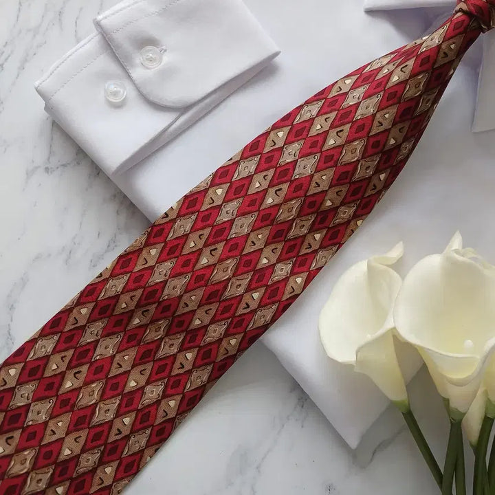 [BUNJANG] Valentino Geometric Pattern Silk Tie / 발렌티노 실크 레드 기하학 패턴 넥타이 9.5cm A+등급 E877