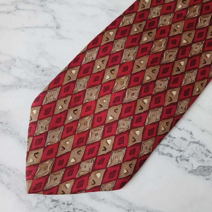 [BUNJANG] Valentino Geometric Pattern Silk Tie / 발렌티노 실크 레드 기하학 패턴 넥타이 9.5cm A+등급 E877