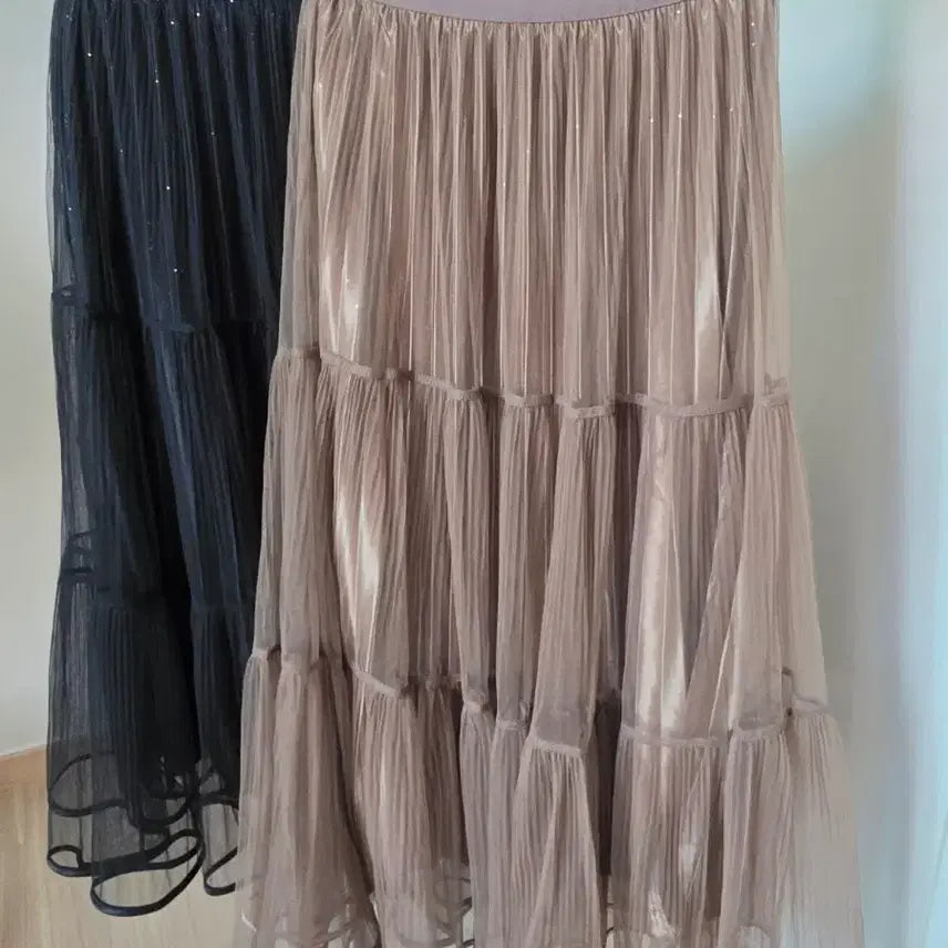 [BUNJANG] Chiffon Tiered Long Skirt Black/Beige / 쉬폰 캉캉 롱 스커트 블랙/베이지
