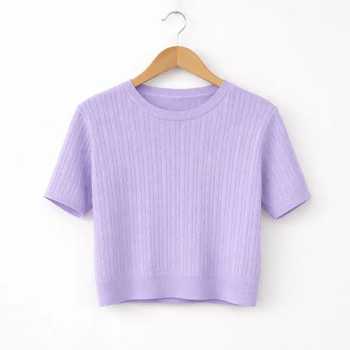 [BUNJANG] Light Purple Cable Knit Short Sleeve Sweater / 연보라 케이블 반팔 니트