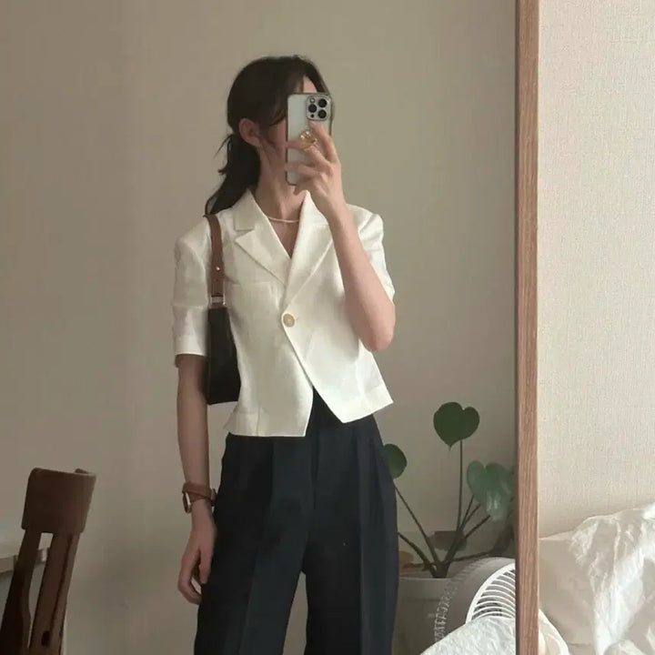 [BUNJANG] Avie Muah Linen Short Sleeve Blazer / 아비에무아 린넨 쇼트 슬리브 블레이저