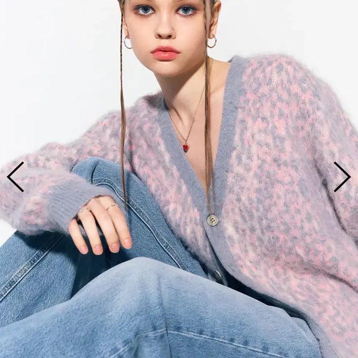 [BUNJANG] 애즈이프캘리 핑크 레오파드 울 가디건 / 애즈이프캘리 핑크 레오파드 울 가디건