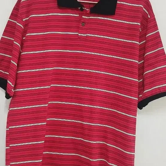 [BUNJANG] Red Stripe Short-Sleeve Polo Shirt / 레드 스트라이프 반팔 카라티