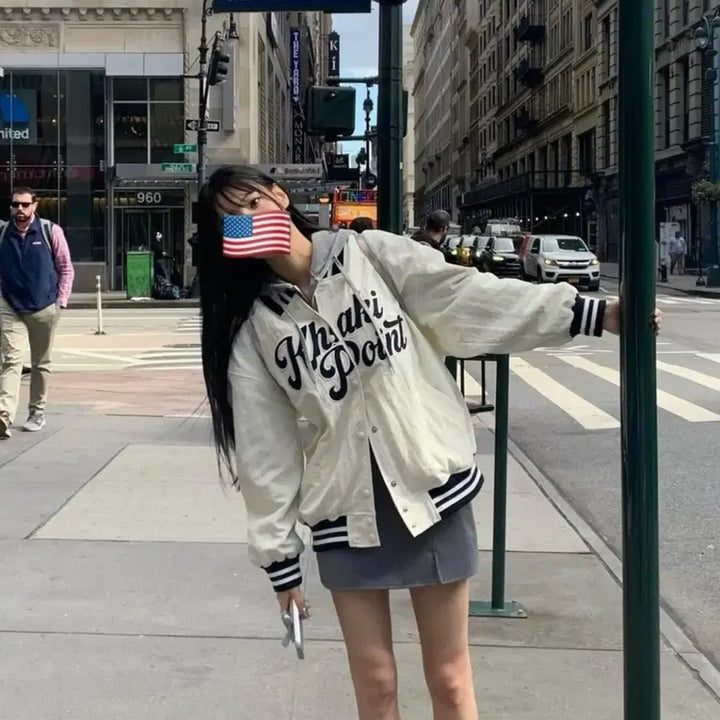 [BUNJANG] Kaki Point Nylon Stadium Varsity Jacket - Ivory / 카키포인트 나일론 스타디움 바시티자켓 아이보리