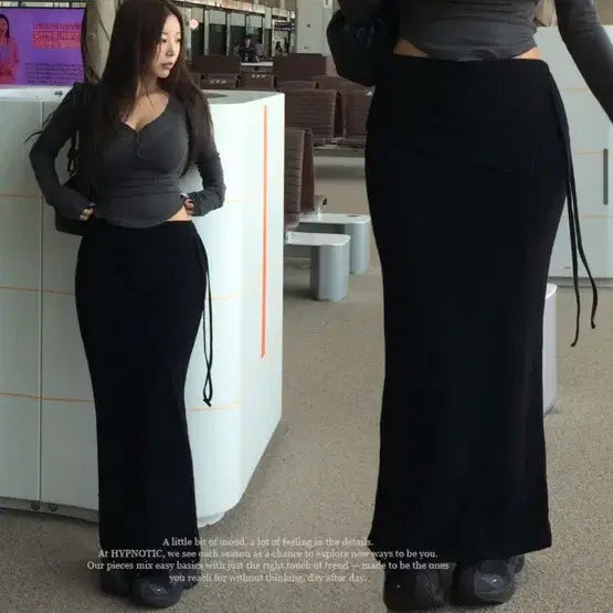 [BUNJANG] Hipnotic Folding Asymmetrical Long Skirt / 히프나틱 자체제작 폴딩 언발 롱 스커트 치마 블랙