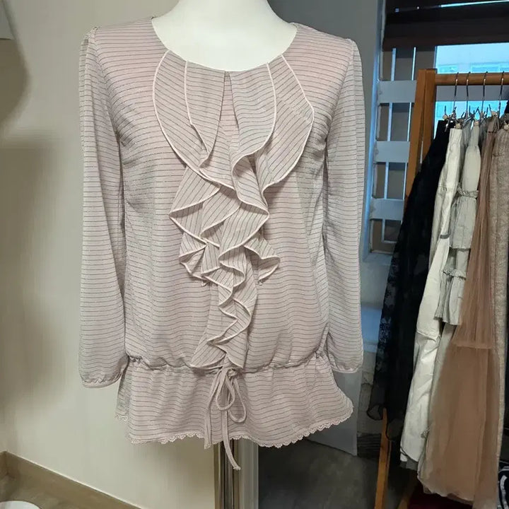 [BUNJANG] Y2K Pink Striped Frill Blouse / Y2K 핑크 스트라이프 프릴 블라우스