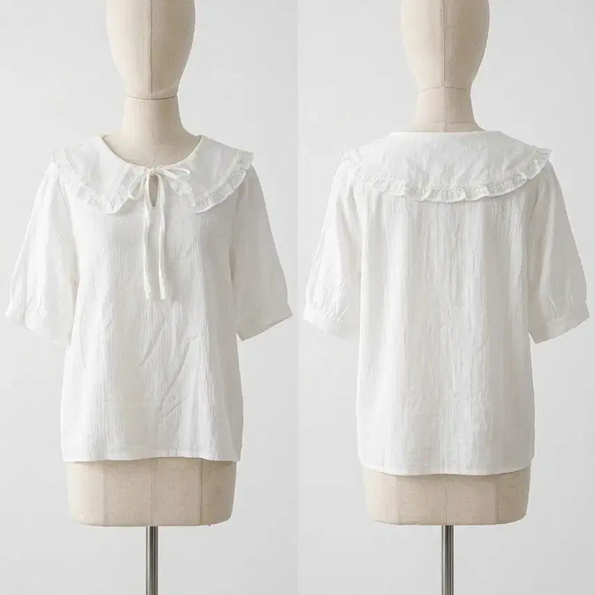 [BUNJANG] White Lace Oversized Collar Blouse - Short Sleeve / 레이스 빅카라 블라우스 화이트 반팔