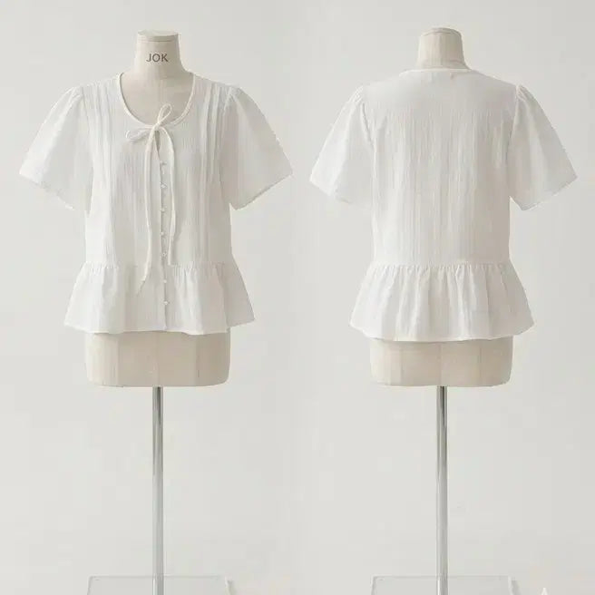 [BUNJANG] Ribbon Tie Blouse White Puff Short Sleeve / 리본 타이 블라우스 화이트 퍼프 반팔