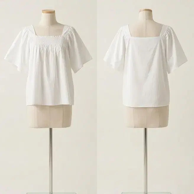 [BUNJANG] White Square Neck Blouse Shirring Short Sleeve / 화이트 스퀘어넥 블라우스 셔링 반팔