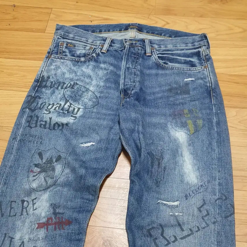 [SOLD OUT] 폴로 랄프로렌 매장정품 바릭 슬림 스트레이트 워싱 프린팅 데미지  빈티지