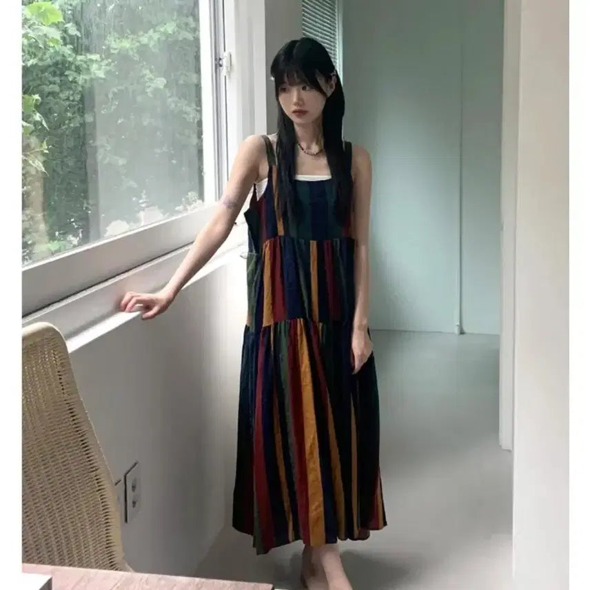 [BUNJANG] Bohemian Stripe Sleeveless Long Dress / 보헤미안 스트라이프 롱 나시 원피스