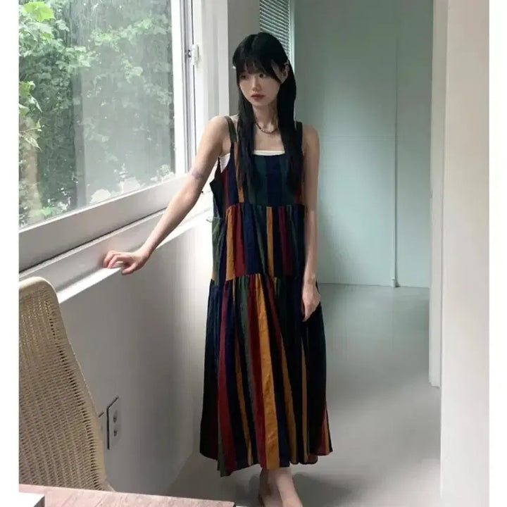 [BUNJANG] Bohemian Stripe Sleeveless Long Dress / 보헤미안 스트라이프 롱 나시 원피스