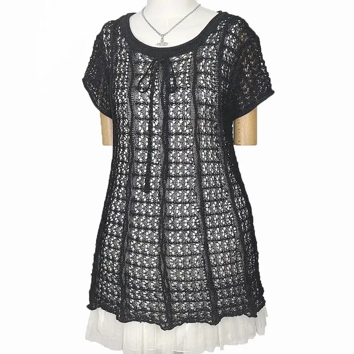 [BUNJANG] Vintage Ribbon Tie Sheer Knit Top / 일본빈티지 캡소매 리본끈 그물시스루반팔니트블랙모리걸하구미룩갸루y2k히피