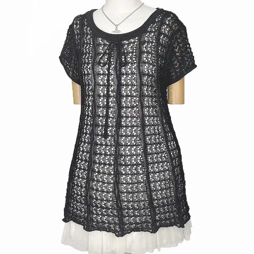 [BUNJANG] Vintage Ribbon Tie Sheer Knit Top / 일본빈티지 캡소매 리본끈 그물시스루반팔니트블랙모리걸하구미룩갸루y2k히피