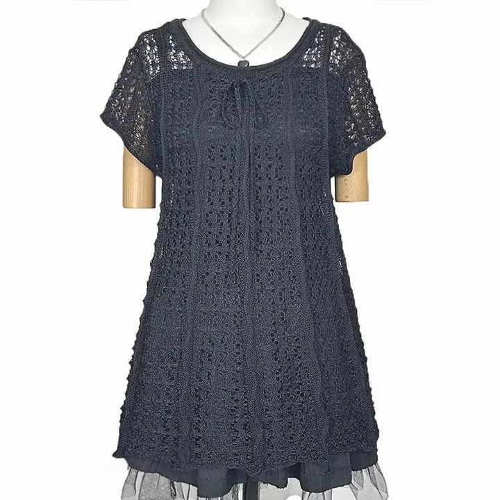 [BUNJANG] Vintage Ribbon Tie Sheer Knit Top / 일본빈티지 캡소매 리본끈 그물시스루반팔니트블랙모리걸하구미룩갸루y2k히피