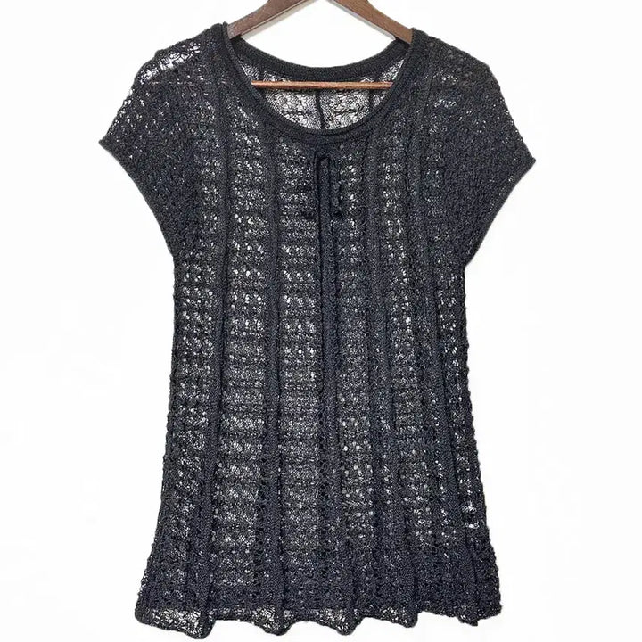 [BUNJANG] Vintage Ribbon Tie Sheer Knit Top / 일본빈티지 캡소매 리본끈 그물시스루반팔니트블랙모리걸하구미룩갸루y2k히피