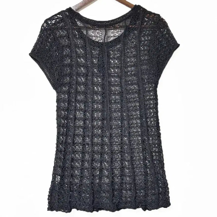 [BUNJANG] Vintage Ribbon Tie Sheer Knit Top / 일본빈티지 캡소매 리본끈 그물시스루반팔니트블랙모리걸하구미룩갸루y2k히피