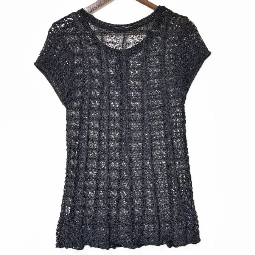 [BUNJANG] Vintage Ribbon Tie Sheer Knit Top / 일본빈티지 캡소매 리본끈 그물시스루반팔니트블랙모리걸하구미룩갸루y2k히피