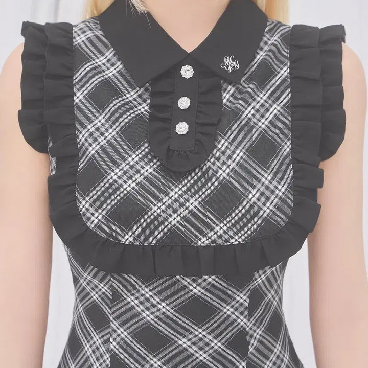 [BUNJANG] Michel Macaron Frill Trim Check Mini Dress / 미셸마카롱 프릴 트림 체크 미니 원피스