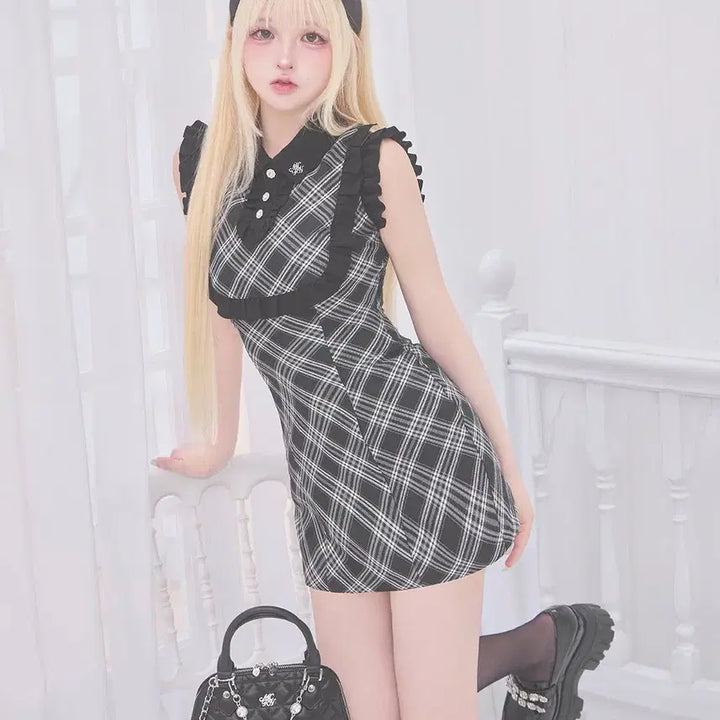 [BUNJANG] Michel Macaron Frill Trim Check Mini Dress / 미셸마카롱 프릴 트림 체크 미니 원피스