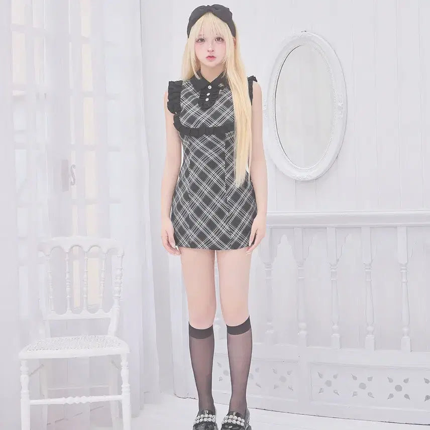 [BUNJANG] Michel Macaron Frill Trim Check Mini Dress / 미셸마카롱 프릴 트림 체크 미니 원피스