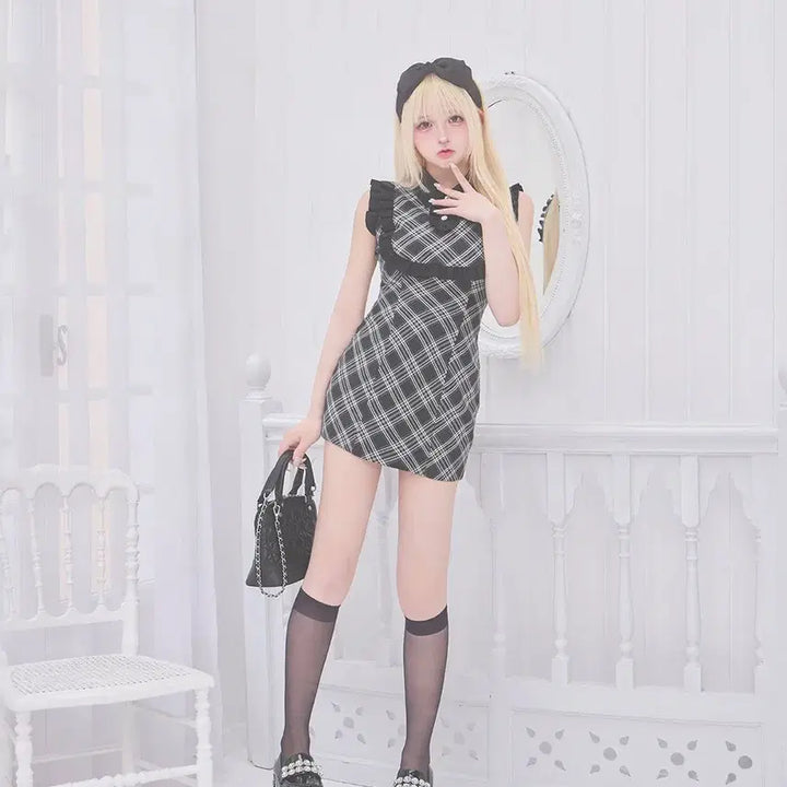 [BUNJANG] Michel Macaron Frill Trim Check Mini Dress / 미셸마카롱 프릴 트림 체크 미니 원피스