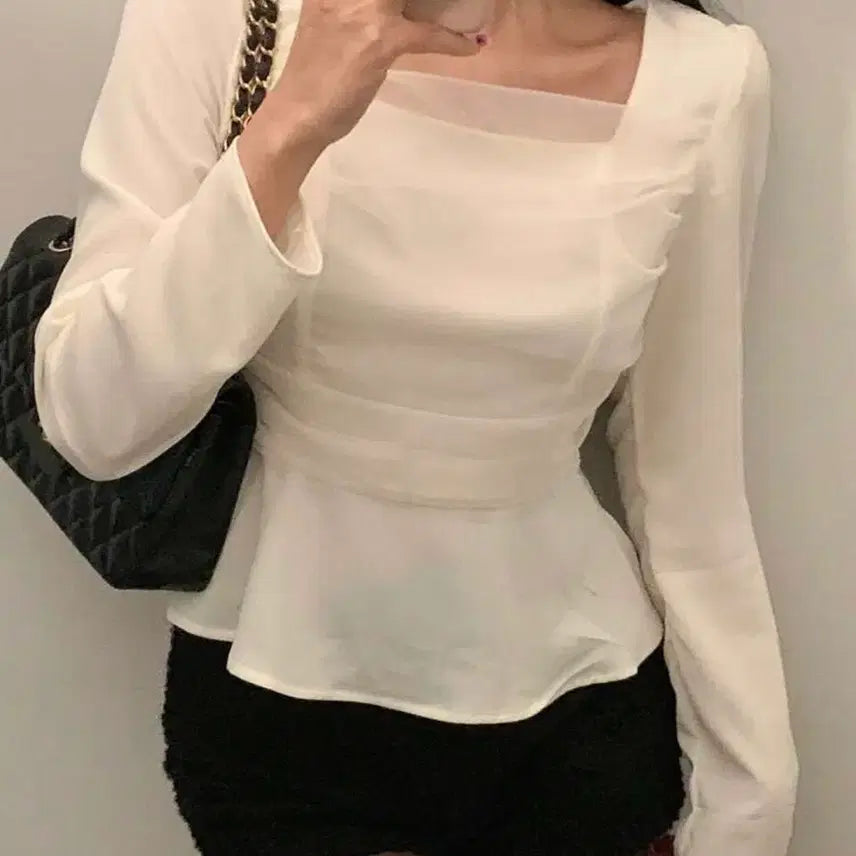 [SOLD OUT] 화이트 쉬폰 스퀘어넥 블라우스 L