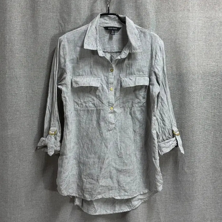 [BUNJANG] Ellen Tracy Linen Striped Shirt Blouse / [M] 엘렌트레이시 린넨 마 스트라이프 셔츠 블라우스