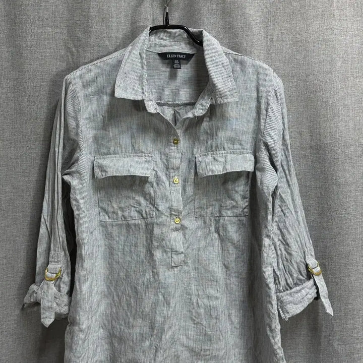 [BUNJANG] Ellen Tracy Linen Striped Shirt Blouse / [M] 엘렌트레이시 린넨 마 스트라이프 셔츠 블라우스