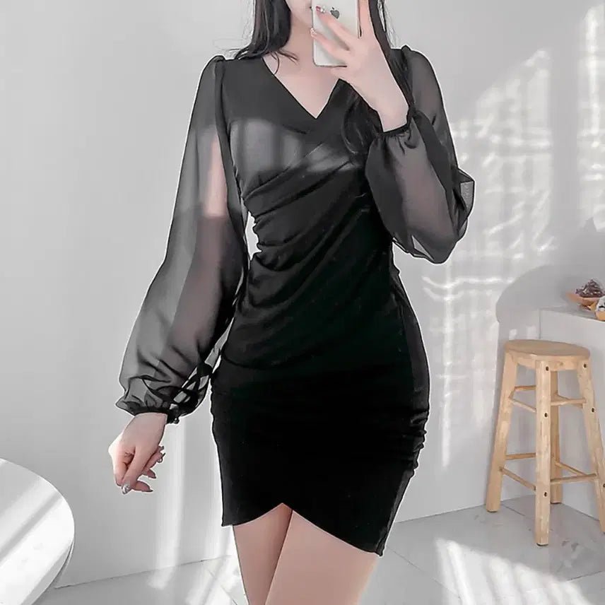 [BUNJANG] Black Chiffon Mini Dress / 쉬폰 블랙 원피스