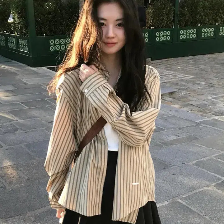 [BUNJANG] Archive J2U Noma Stripe Shirt Mocha Beige / 아카이브 제이투유 노마 스트라이프 셔츠 모카 베이지