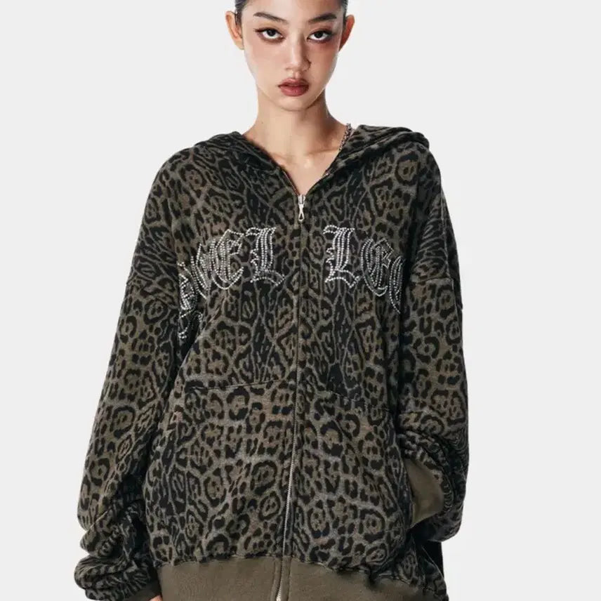 [BUNJANG] yeel Leopard Studded Oversized Hoodie Zip-up / (택O) yeel 와이이이엘 스터드 오버사이즈 후드집업 (레오파드)