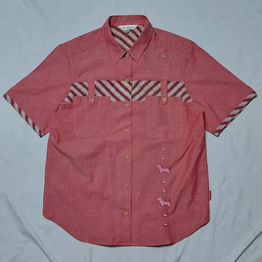 [BUNJANG] POSSET POT Dachshund Embroidery &amp; Plaid Panel Short Sleeve Shirt / [L] POSSET POT 빈티지 닥스훈트 자수 &amp; 체크 배색 반팔 셔츠
