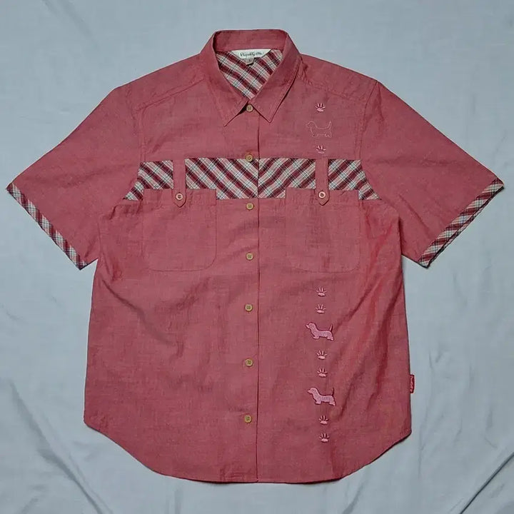 [BUNJANG] POSSET POT Dachshund Embroidery &amp; Plaid Panel Short Sleeve Shirt / [L] POSSET POT 빈티지 닥스훈트 자수 &amp; 체크 배색 반팔 셔츠