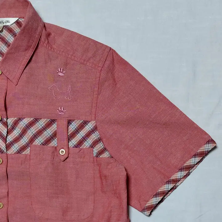 [BUNJANG] POSSET POT Dachshund Embroidery &amp; Plaid Panel Short Sleeve Shirt / [L] POSSET POT 빈티지 닥스훈트 자수 &amp; 체크 배색 반팔 셔츠