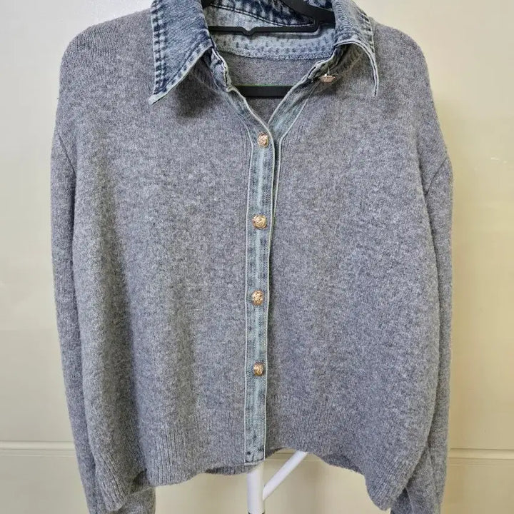 [BUNJANG] Denim Collar Gray Knit Cardigan / 데님 카라 그레이 니트 가디건