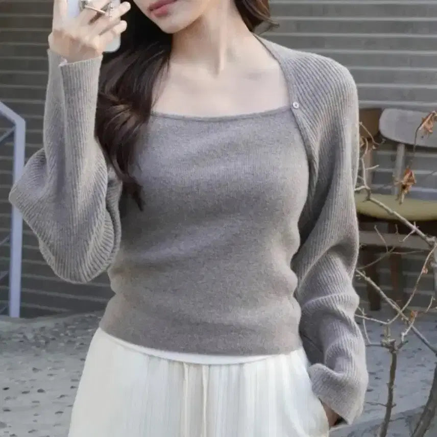 [BUNJANG] Noirrete Creme Bolero Layered Knit Top / 누아르테 크렘 볼레로 레이어드 니트 모카 베이지