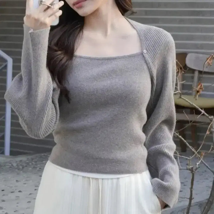 [BUNJANG] Noirrete Creme Bolero Layered Knit Top / 누아르테 크렘 볼레로 레이어드 니트 모카 베이지