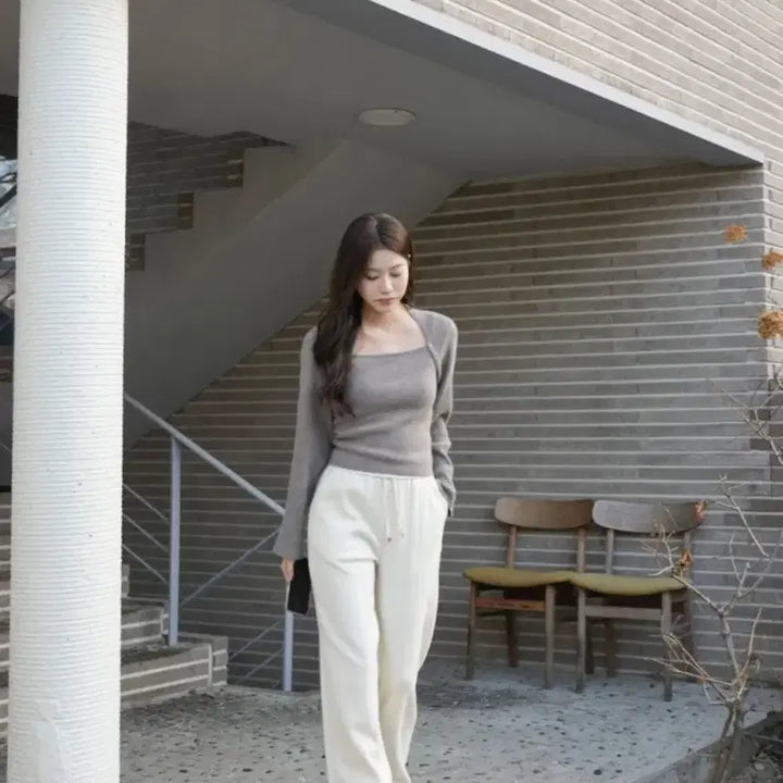 [BUNJANG] Noirrete Creme Bolero Layered Knit Top / 누아르테 크렘 볼레로 레이어드 니트 모카 베이지